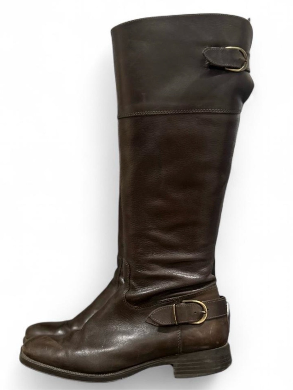 Ruched Brown Leather Buckle Riding Boots Knee High 1.5" Heel Woman's 8.5 | Aldo